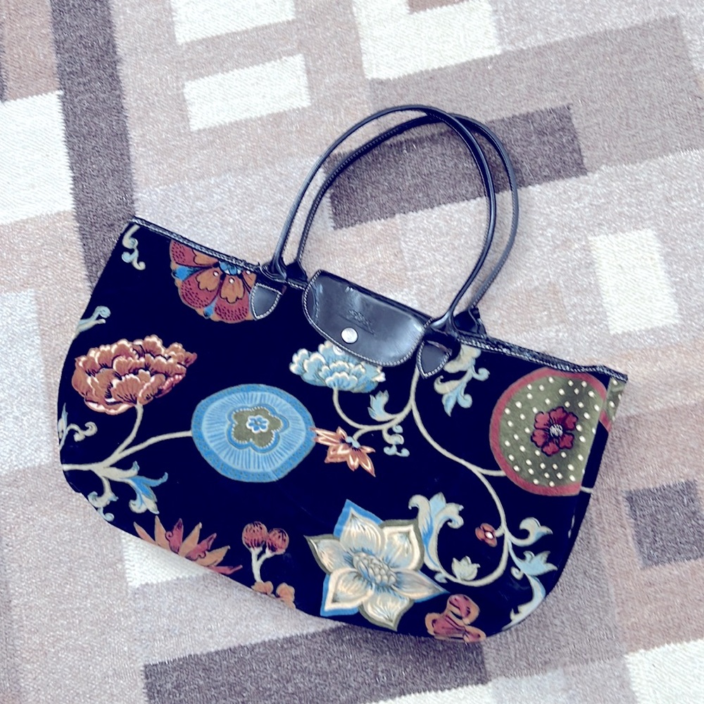 Longchamp Vintage Millefiori Velvet Blue Black Bag - Picture 2 of 10